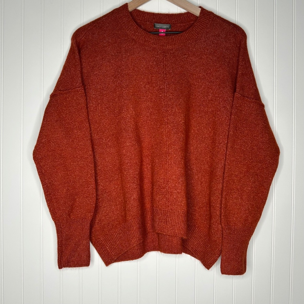 Vince Camuto Womens Sweater M Burnt Orange Rust Oversized Fuzzy Crewneck